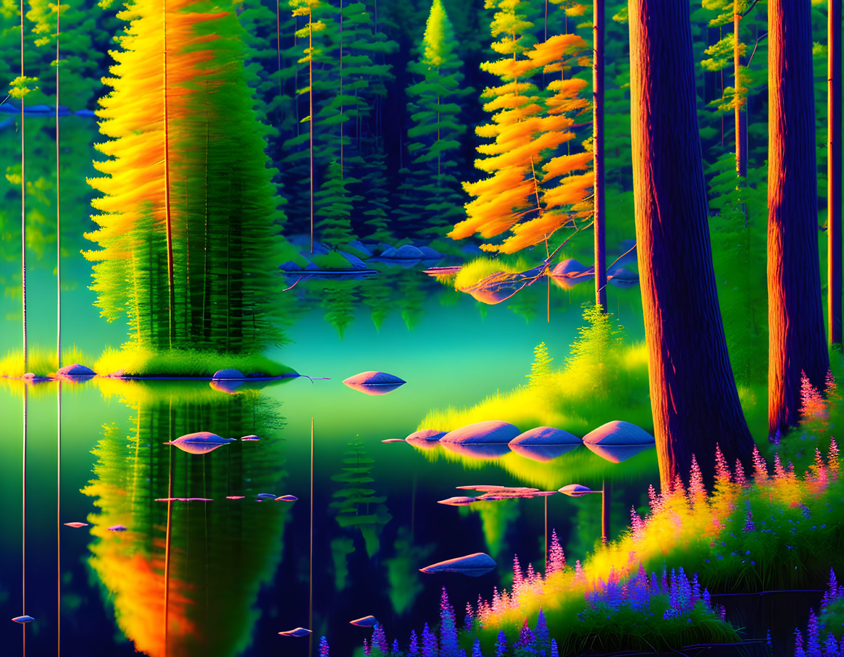 Surreal landscape with vibrant green and yellow trees, blue lake, and lush vegetation