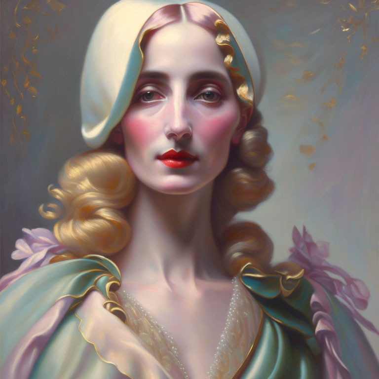 Ethereal portrait of a woman in pale yellow bonnet and vintage green dress