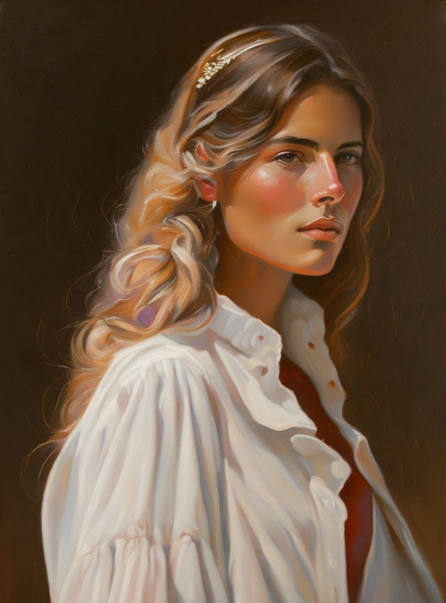 Blonde woman portrait with gold hair accessory