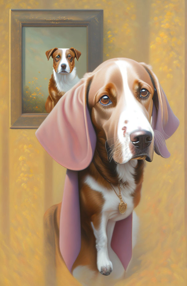 Brown and White Dog in Pink Scarf Painting with Background Portrait