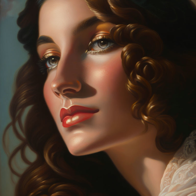 Classical portrait of woman with curly hair and striking eyes in Renaissance style