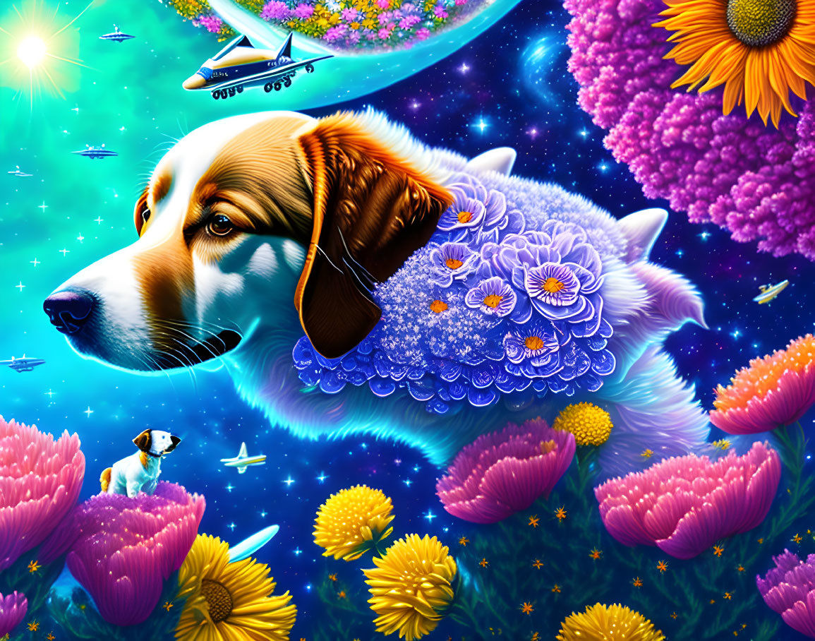 Colorful digital artwork: Floating beagle with purple flowers in fantasy sky