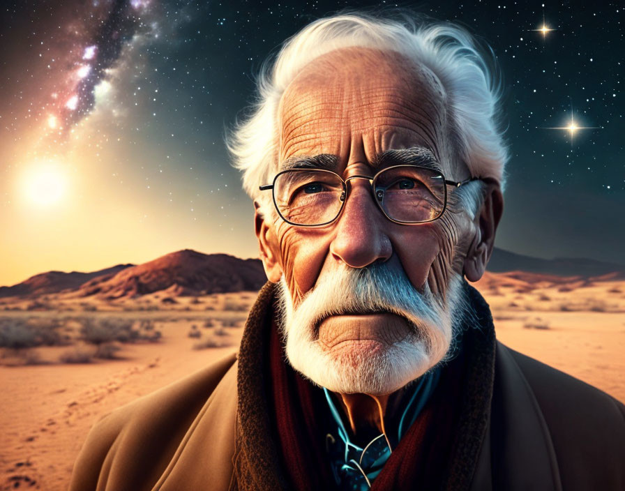 Elderly man with white hair and mustache in desert night scene