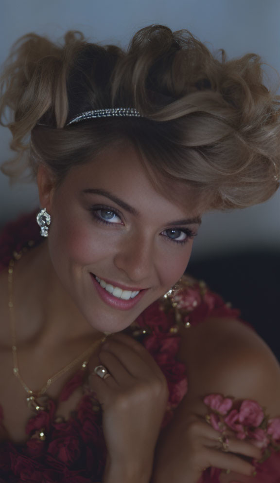 Blonde woman with blue eyes in tiara, earrings, necklace, red floral dress