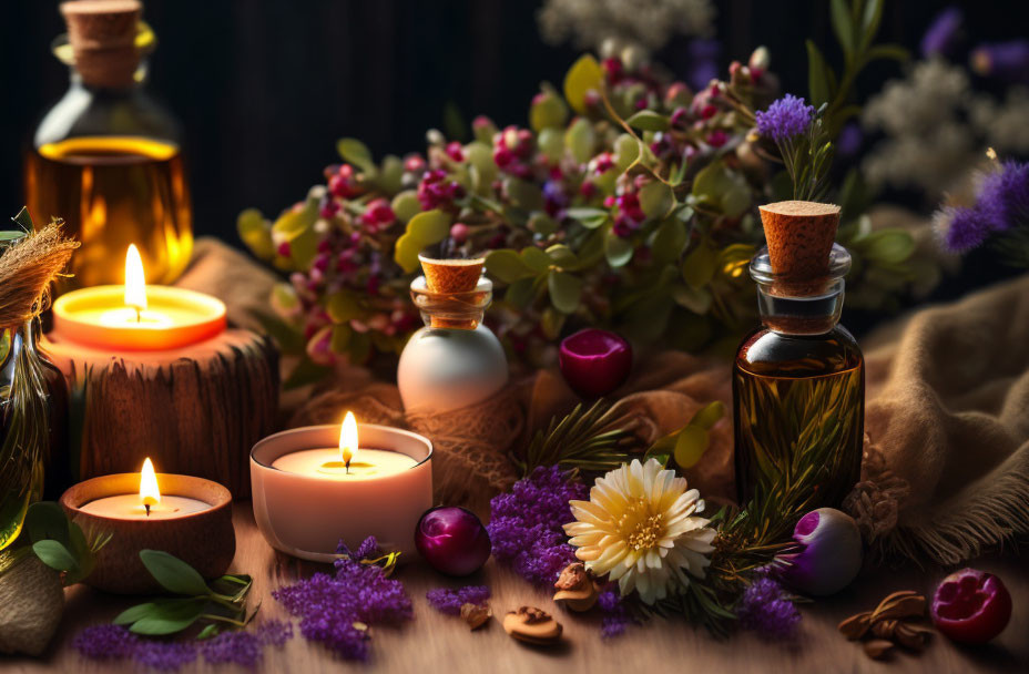 Tranquil setting with candles, essential oils, and flowers on wooden surface