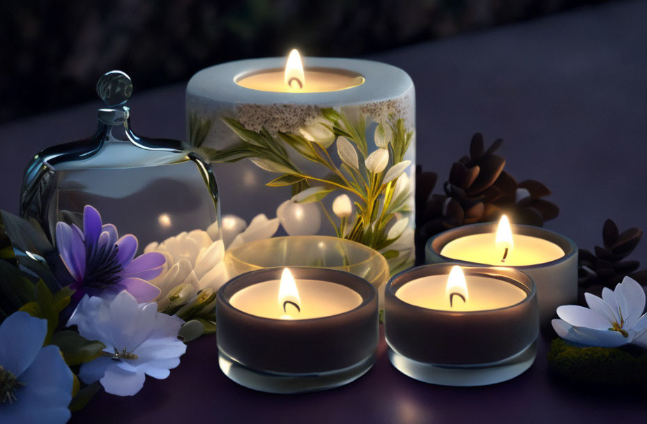 Candles, flowers, leaves, and glass jar in nature setting at dusk or dawn