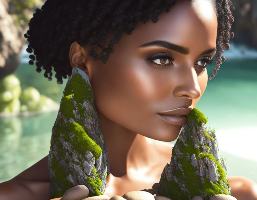 Woman with Moss-Covered Earrings in Digital Art