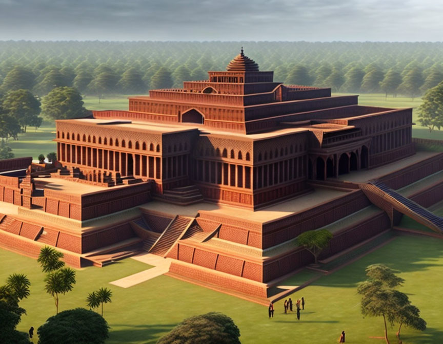 Ancient brick structure with terraces, grand staircase, and central dome in lush green setting.