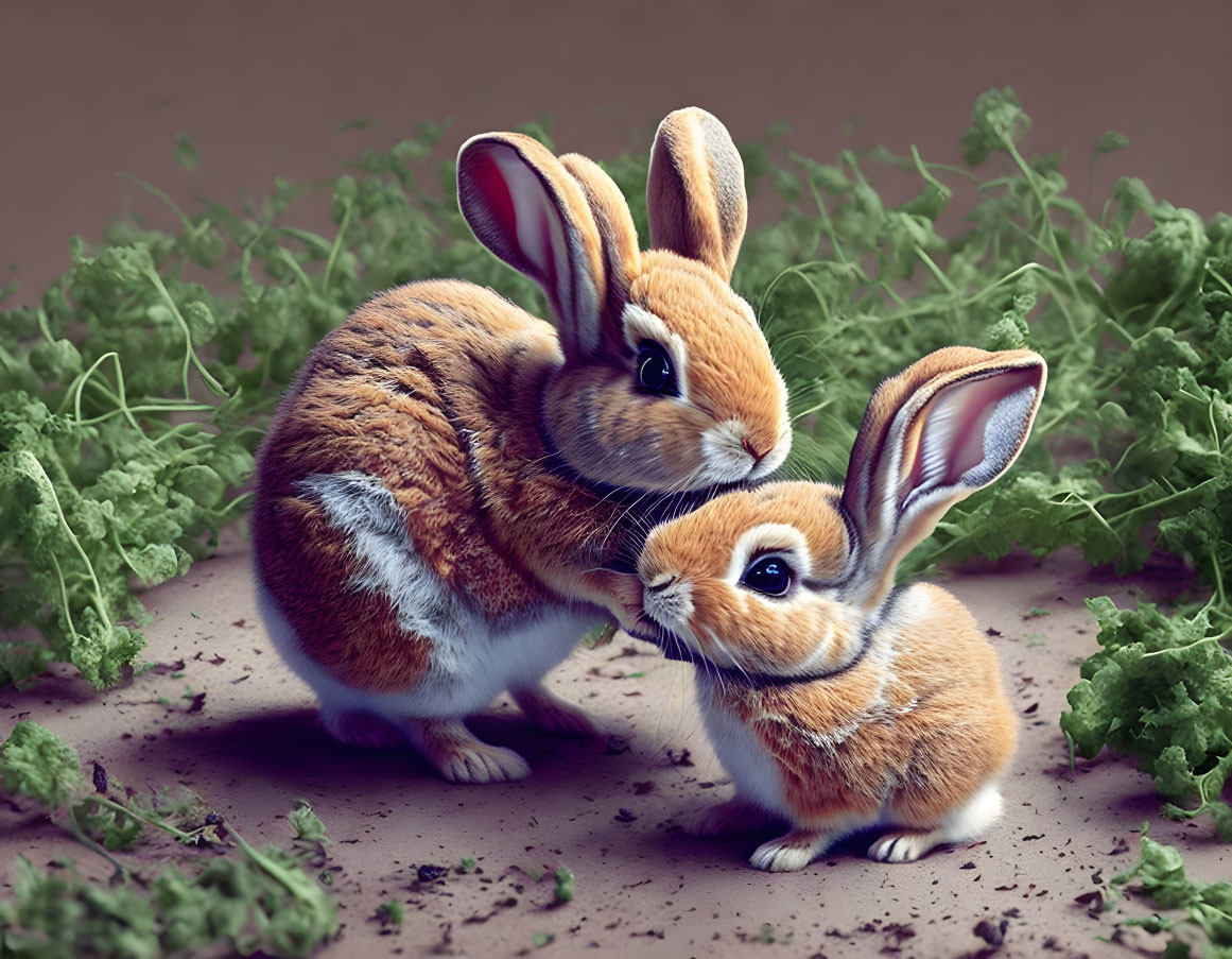 Stylized rabbits cuddle in green leaves on brown background