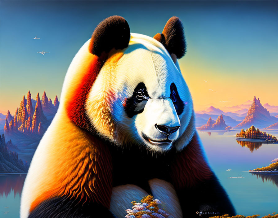 Colorful Giant Panda Illustration with Serene Landscape Background