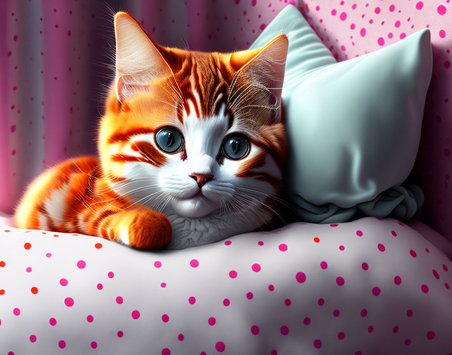 Orange and White Striped Kitten on Pink Polka-Dotted Cushion