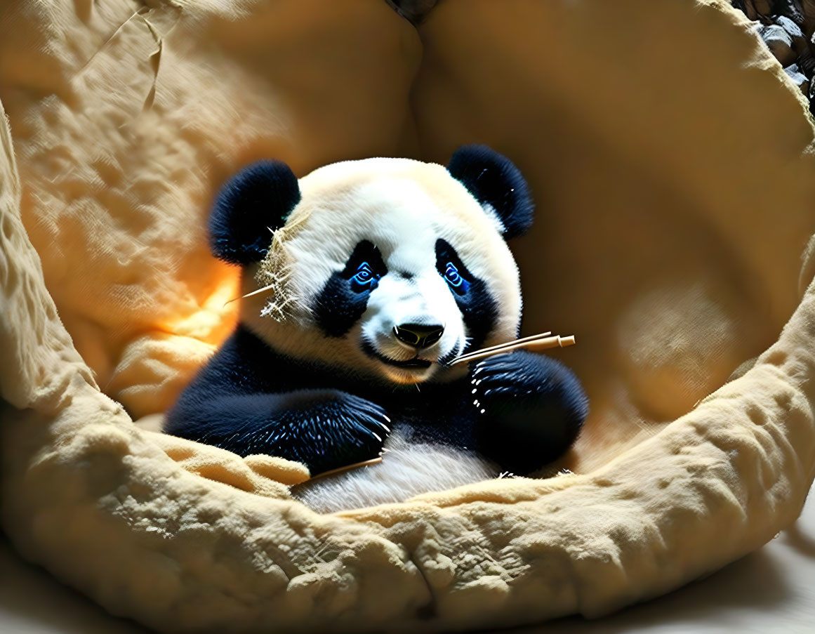 Panda bear on beige cushion with twig in mouth