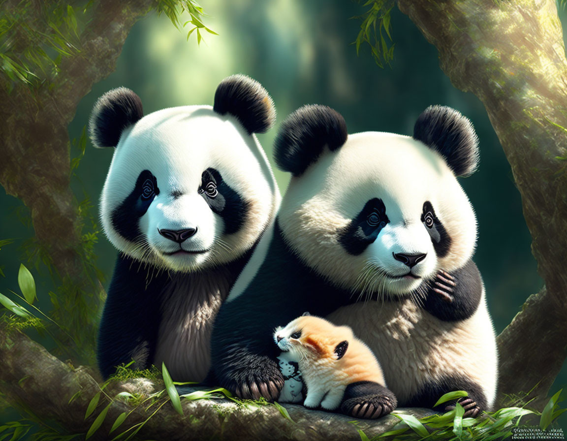 Two pandas and a kitten in forest scene, pandas facing camera, kitten looking sideways