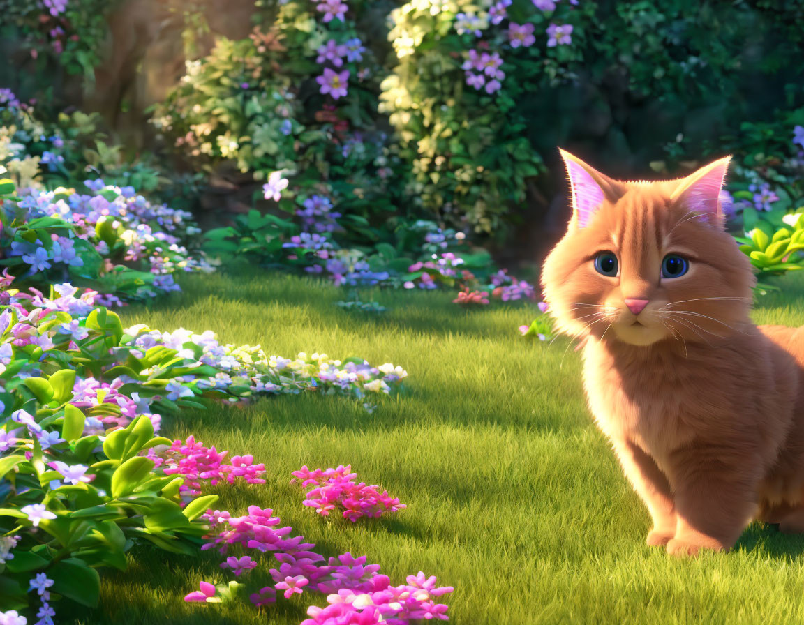 Orange Cat with Blue Eyes in Vibrant Garden Setting