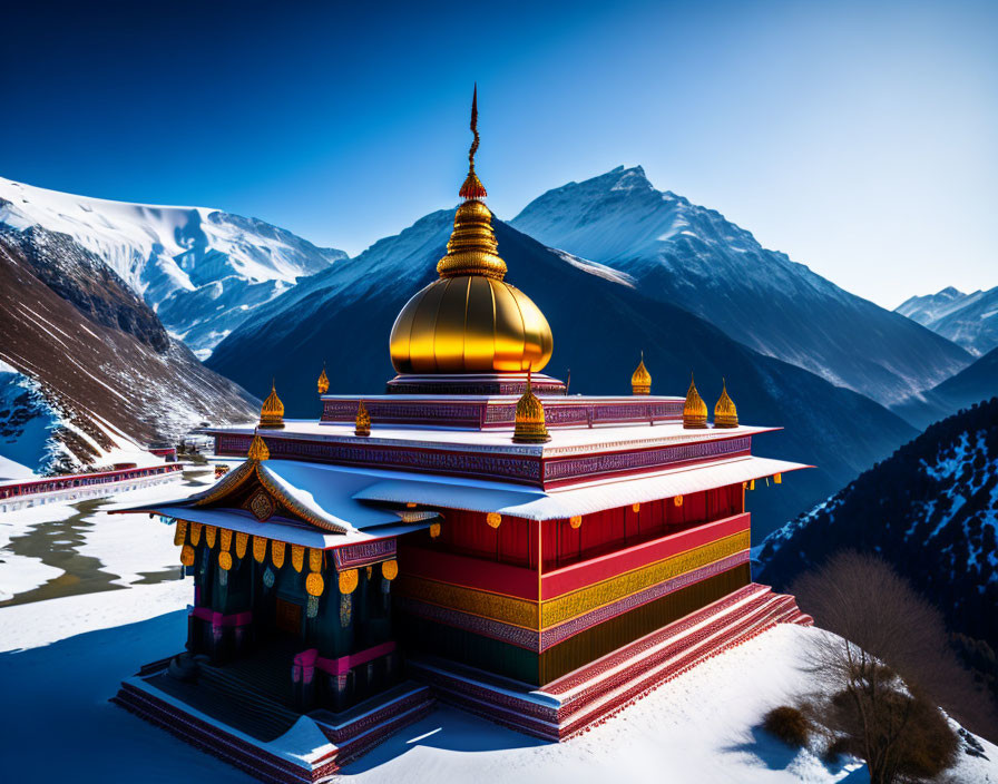 Red and Gold Buddhist Temple in Snowy Mountain Landscape