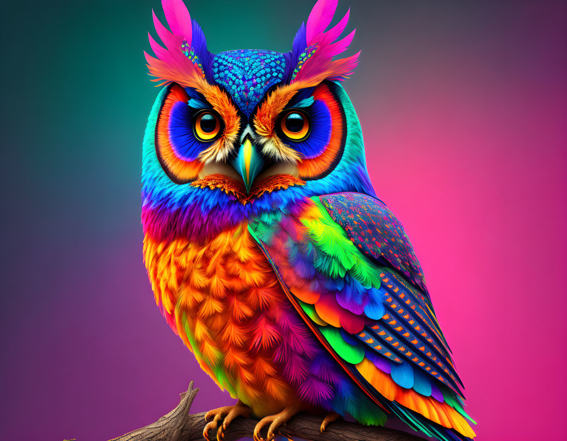 Colorful Rainbow Owl Perched on Branch Against Pink and Green Background