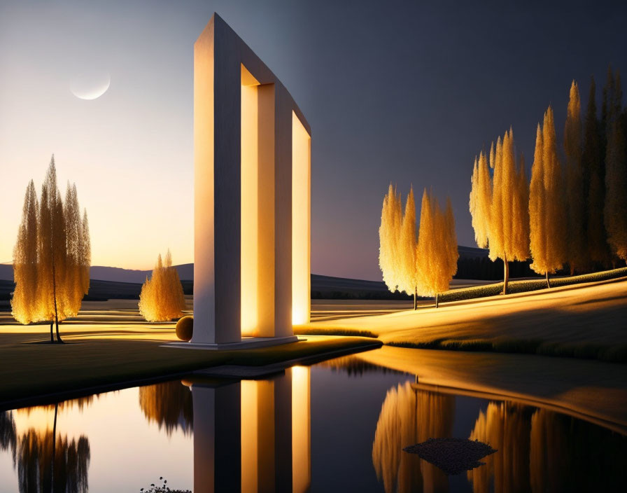 Glowing door-like structure by reflective lake at twilight