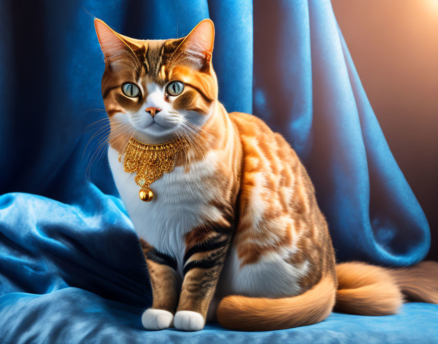 Tabby Cat with Gold Necklace Poses on Blue Fabric