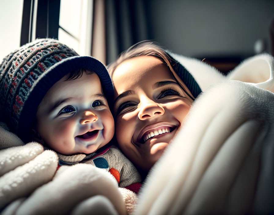 Mother cuddles smiling baby in knitted cap under cozy blanket