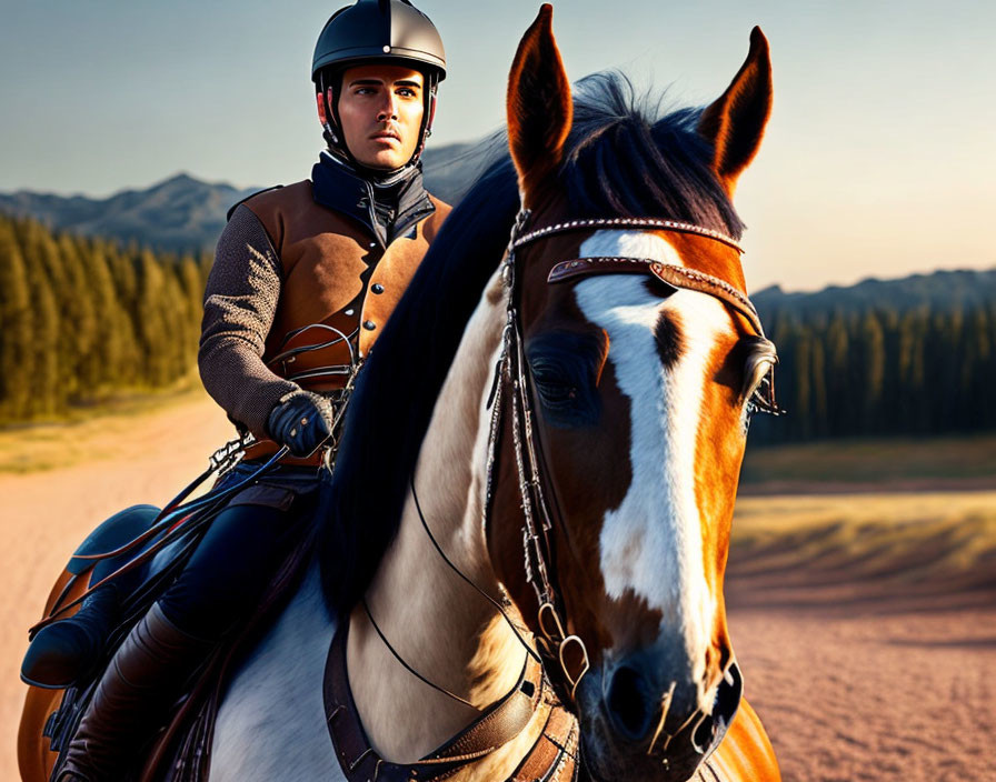 Equestrian rider on brown and white horse in golden hour landscape