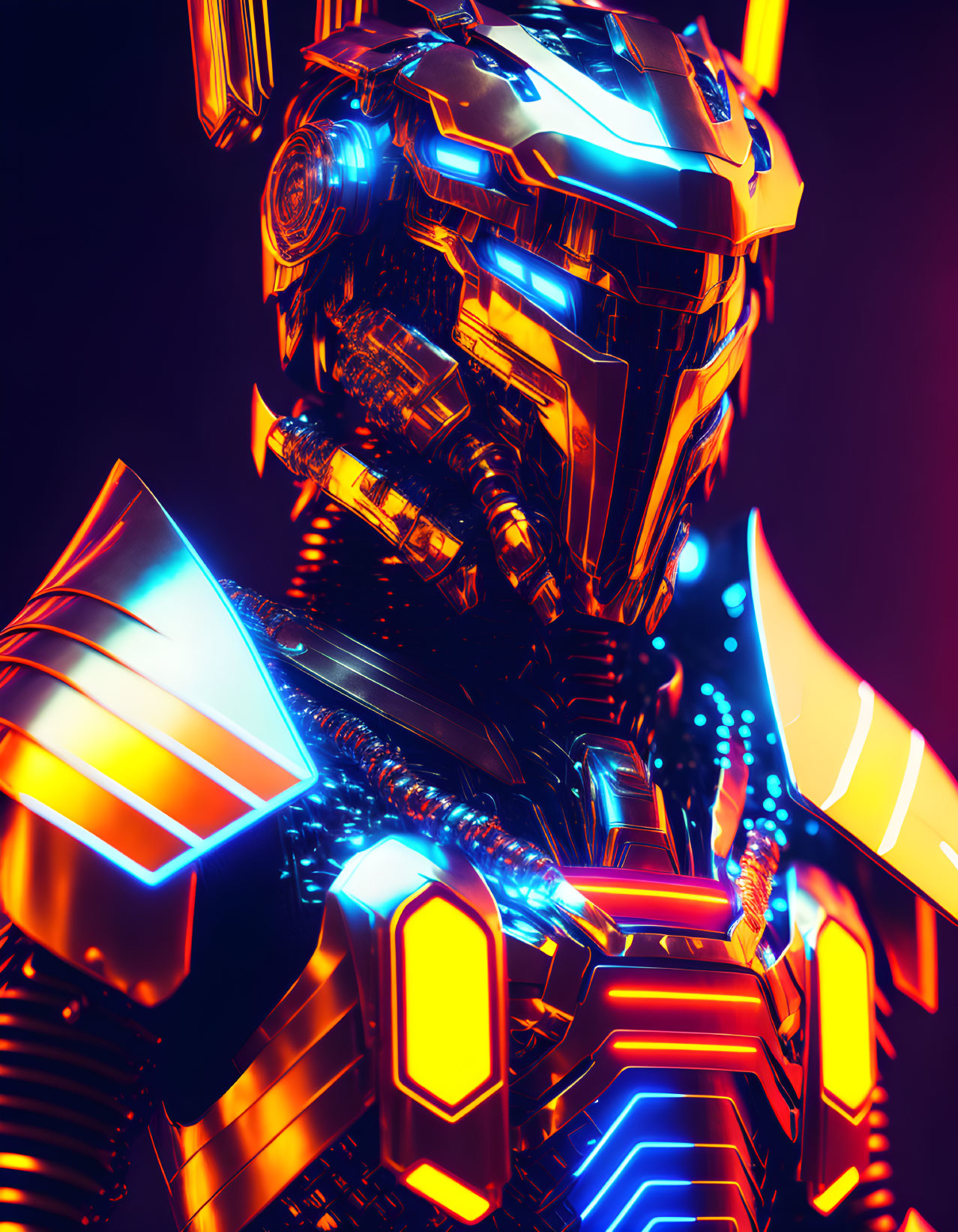 Detailed futuristic robot with glowing neon lines and illuminated visor