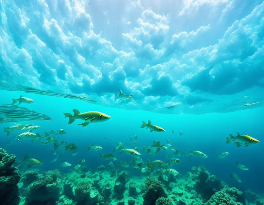 Sunlit coral reef with yellow fish in clear blue sea.