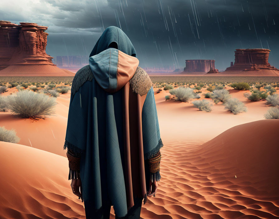 Cloaked figure in desert with sand dunes and stormy sky.