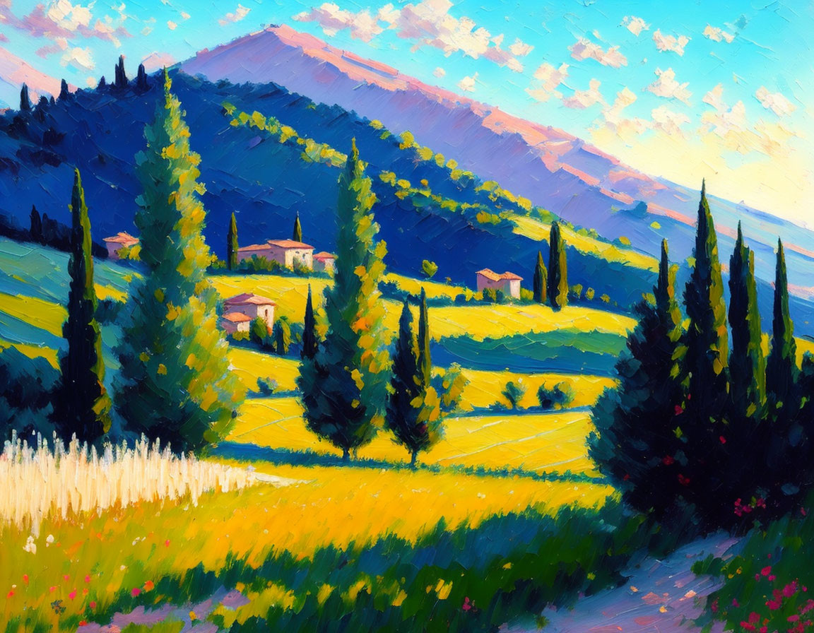 Vibrant sunlit landscape with rolling hills and cypress trees