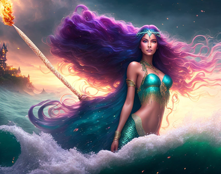 Colorful fantasy mermaid with trident in stormy sea castle backdrop