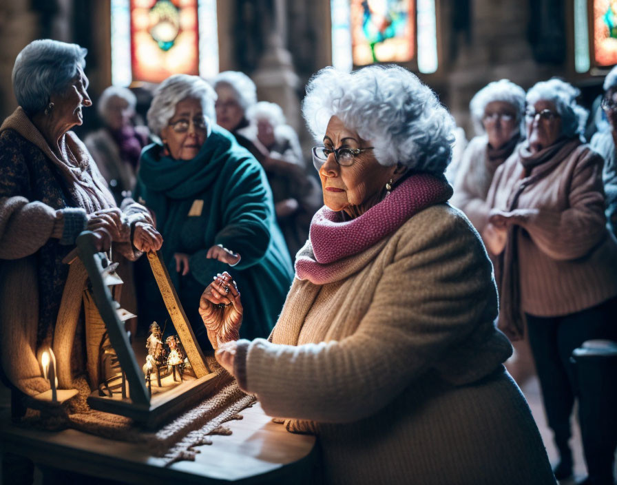 Elderly women lighting a candle in warmly lit church