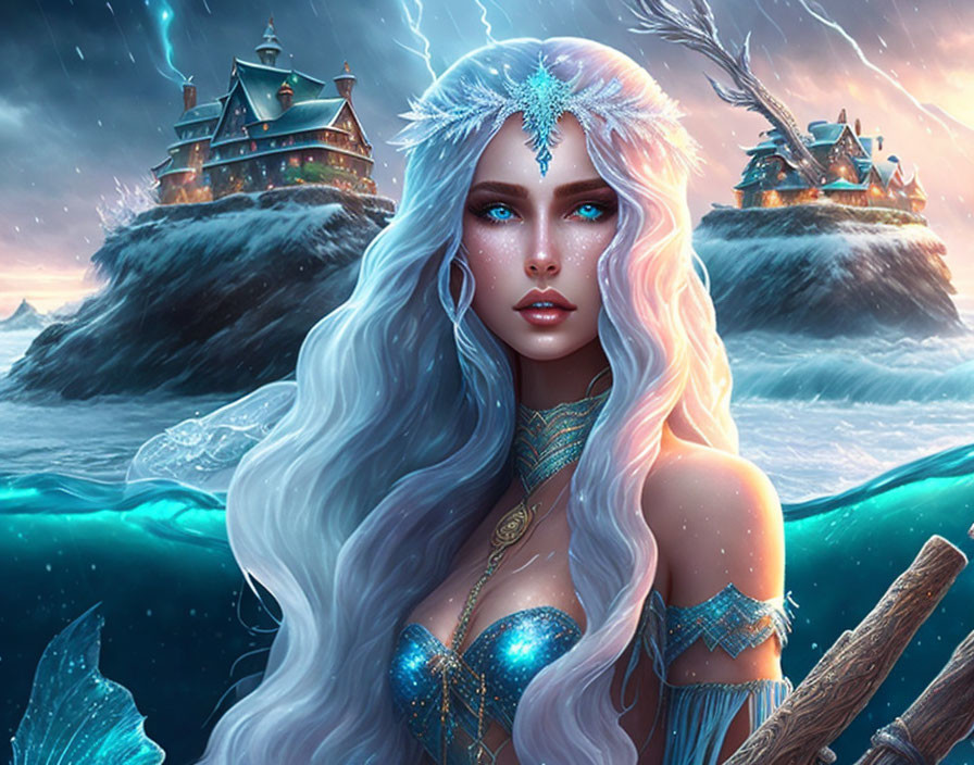 Fantasy artwork of woman with blue eyes and wavy hair in stormy seas scenery