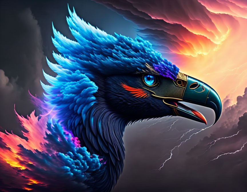 Mythical eagle digital artwork with blue feathers and glowing orange eyes