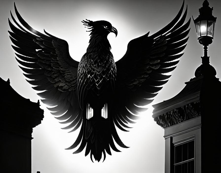 Majestic eagle silhouette in flight with spread wings against light background and architectural elements.