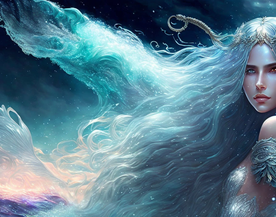 Fantastical image: Woman with flowing white hair against starry night sky