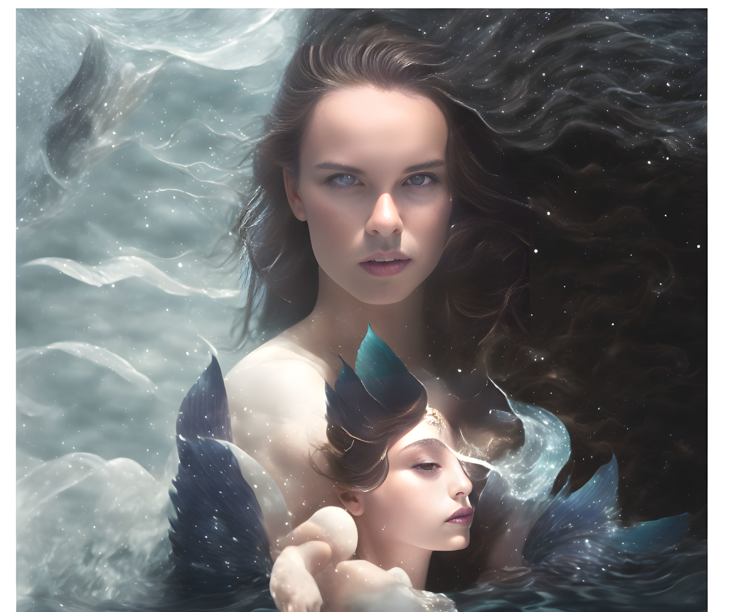 Two women submerged in water with fins, resembling mythical sirens