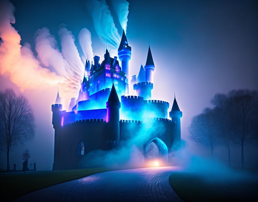 Twilight castle with blue and purple lights and misty surroundings