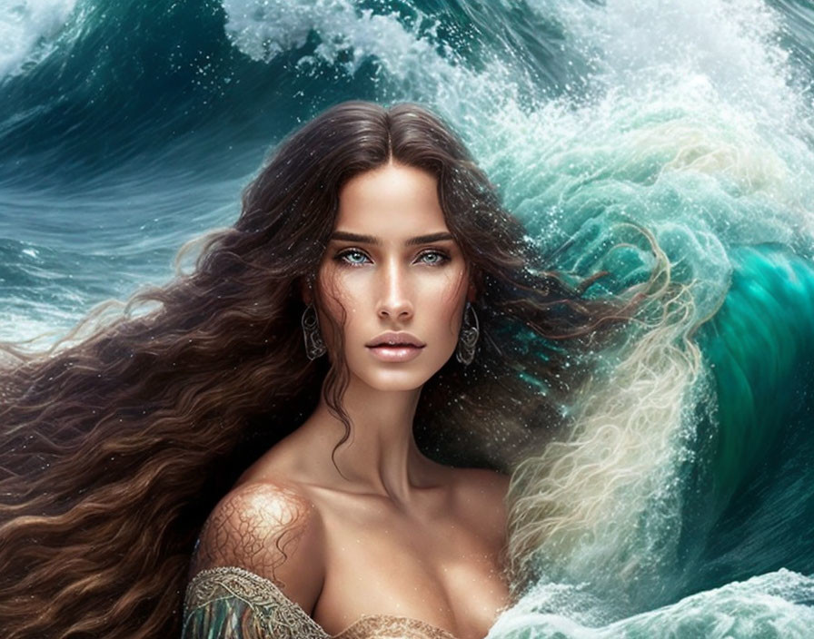 Digital art portrait: Woman with long brown hair and blue eyes merging with swirling turquoise ocean waves