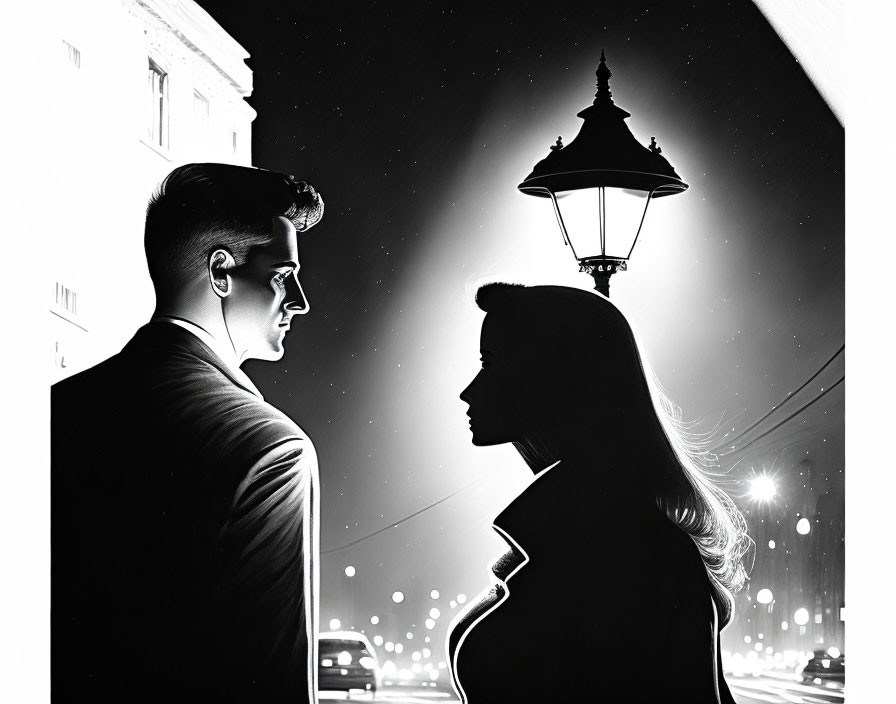 Silhouetted figures under streetlight in noir cityscape