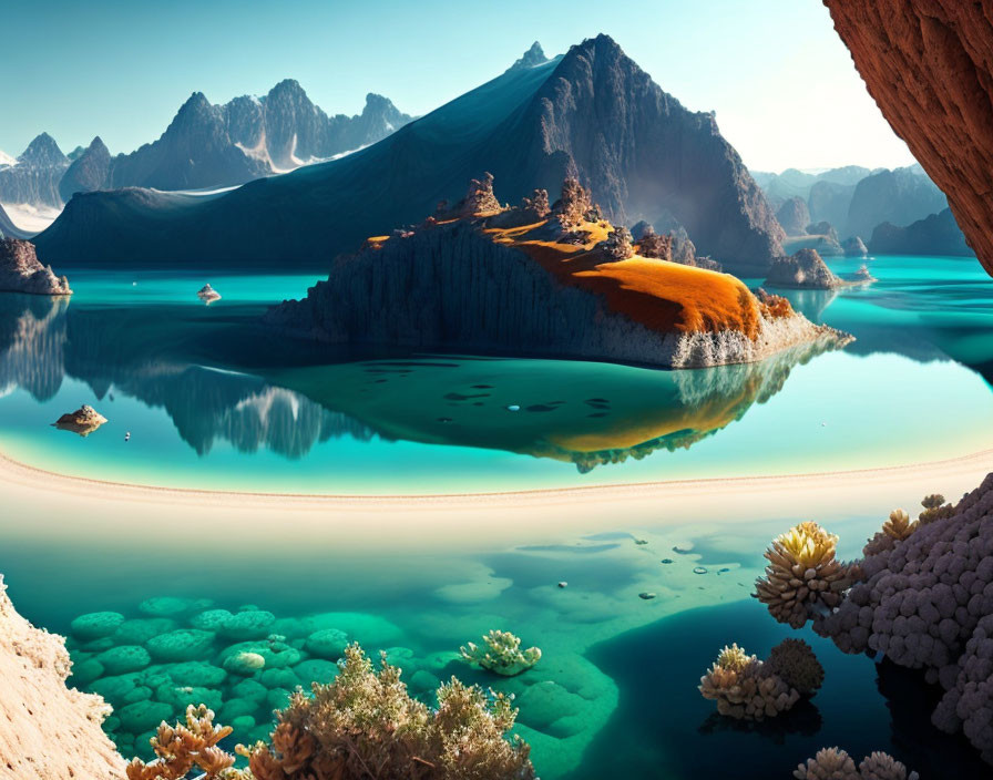 Turquoise lake with island, mountains, autumn trees & cave.