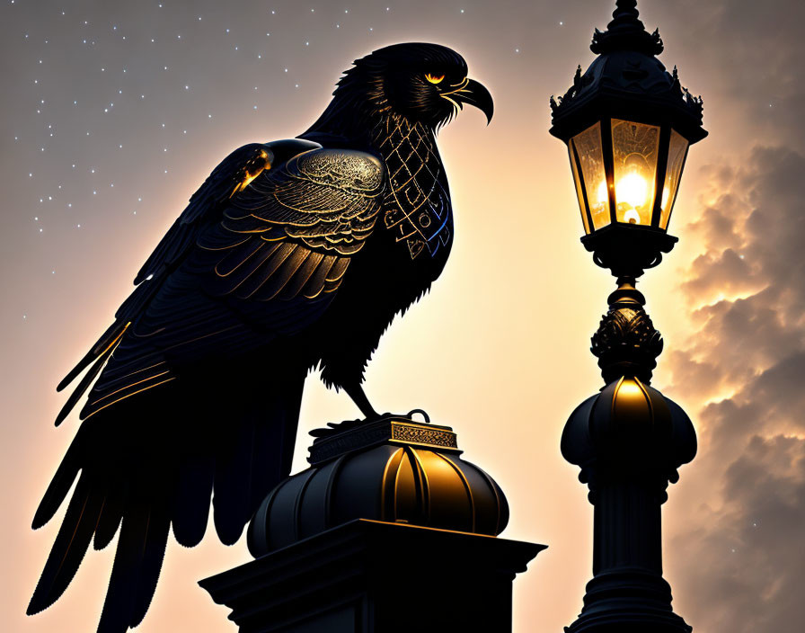 Black eagle perched on a lit lamp post under twilight sky