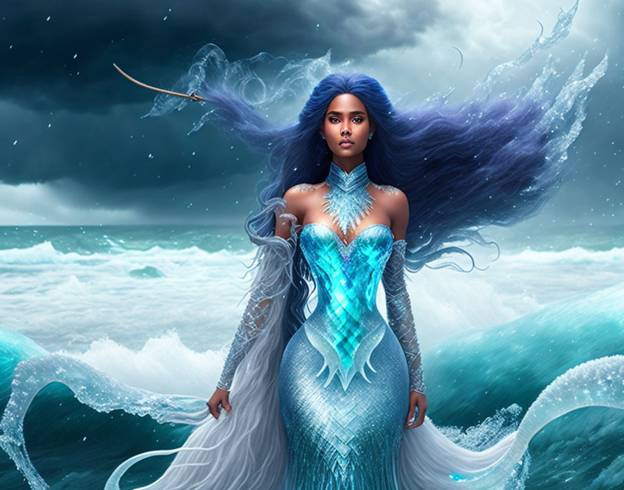 Mystical woman with purple hair in shimmering blue gown by tumultuous sea