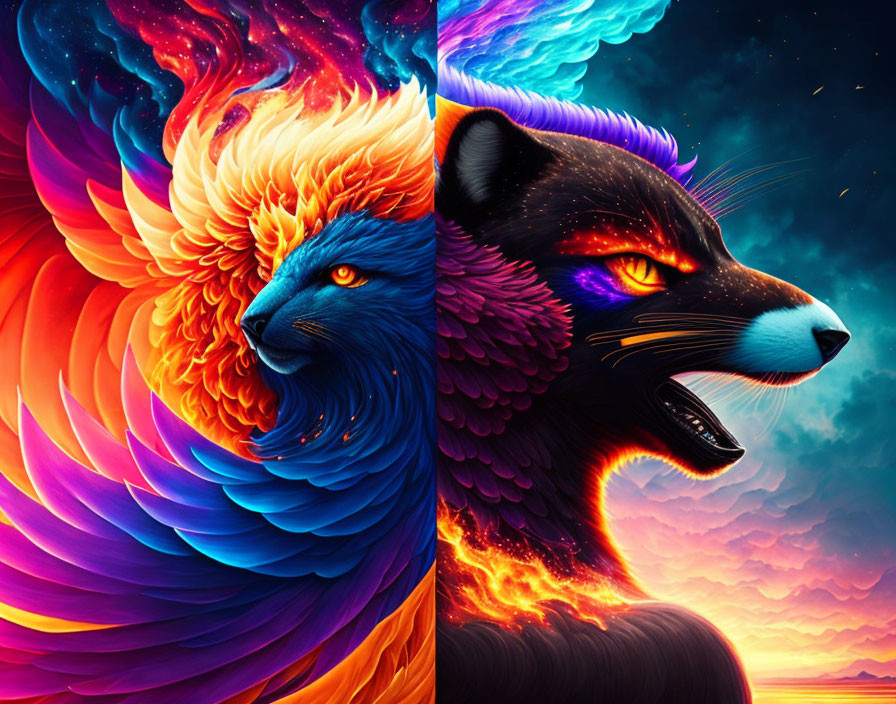 Digital art: Phoenix and panther in fiery juxtaposition against sunset sky