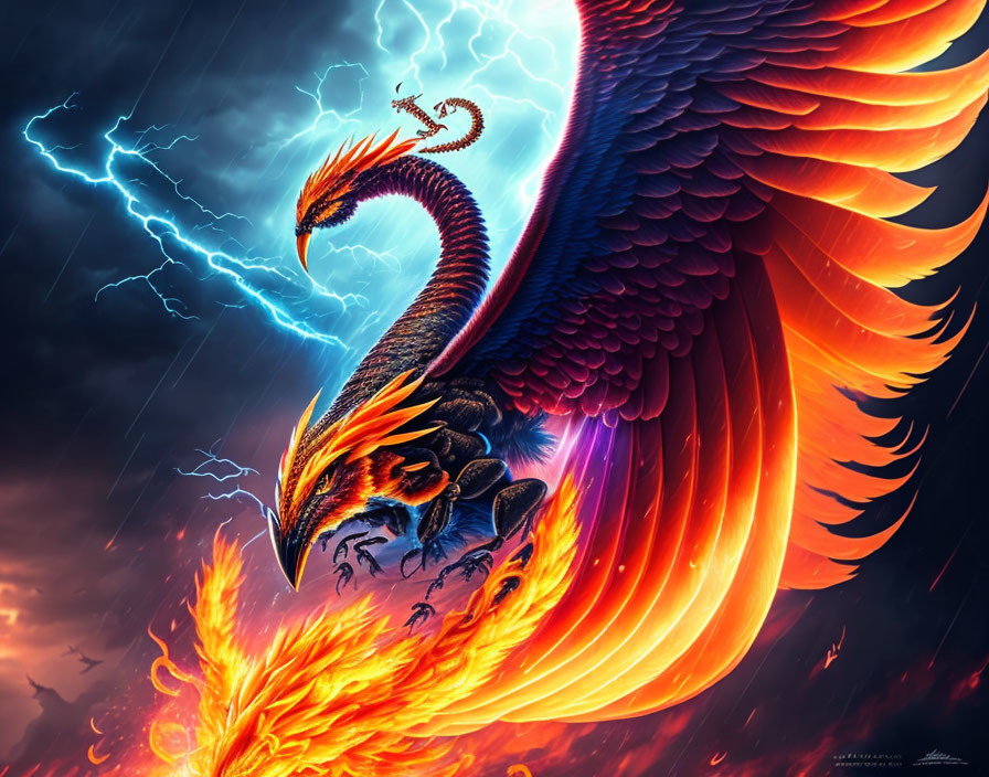 Mythical phoenix with fiery wings in stormy skies