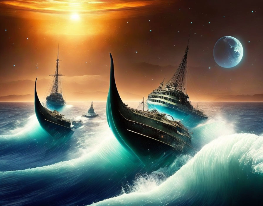 Fantastical ships surfing waves under an orange sky with planet and moon.