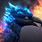 Mythical eagle digital artwork with blue feathers and glowing orange eyes