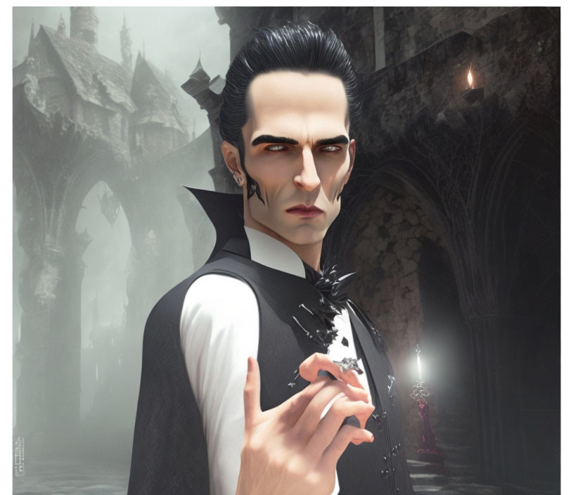 Pale-skinned male figure with dark hair in front of gothic building