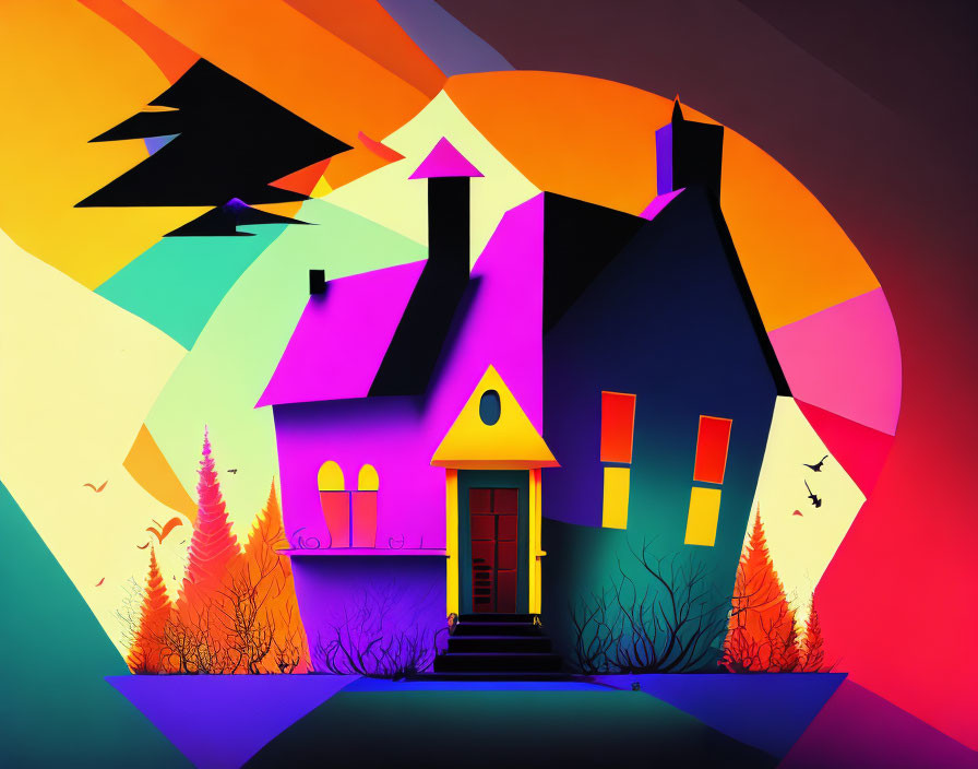 Vibrant geometric house illustration with birds and trees