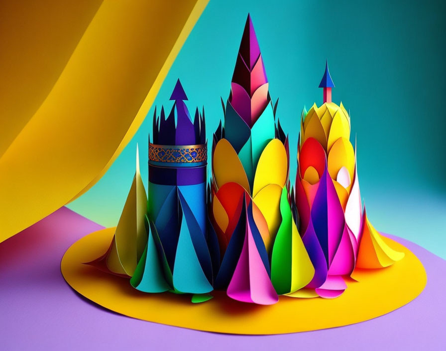 Intricate Castle Paper Art on Colorful Background