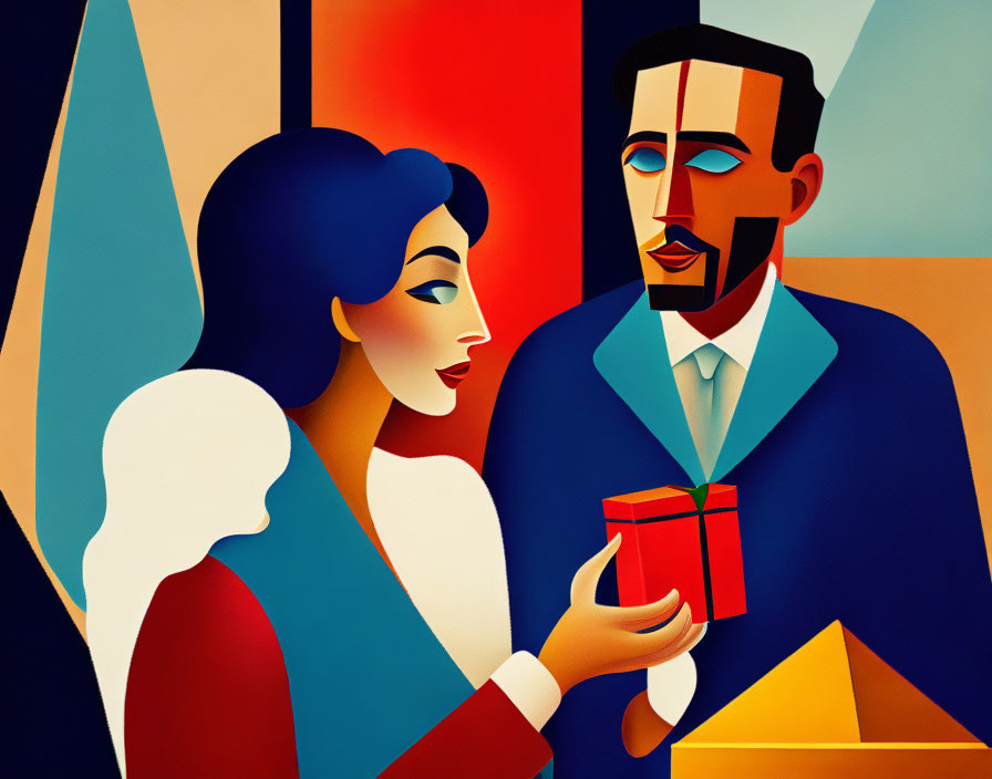 Stylized cubist figures: woman in blue with gift, man in blue suit