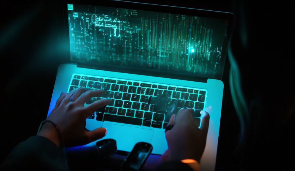 Person typing on laptop with green matrix code on screen
